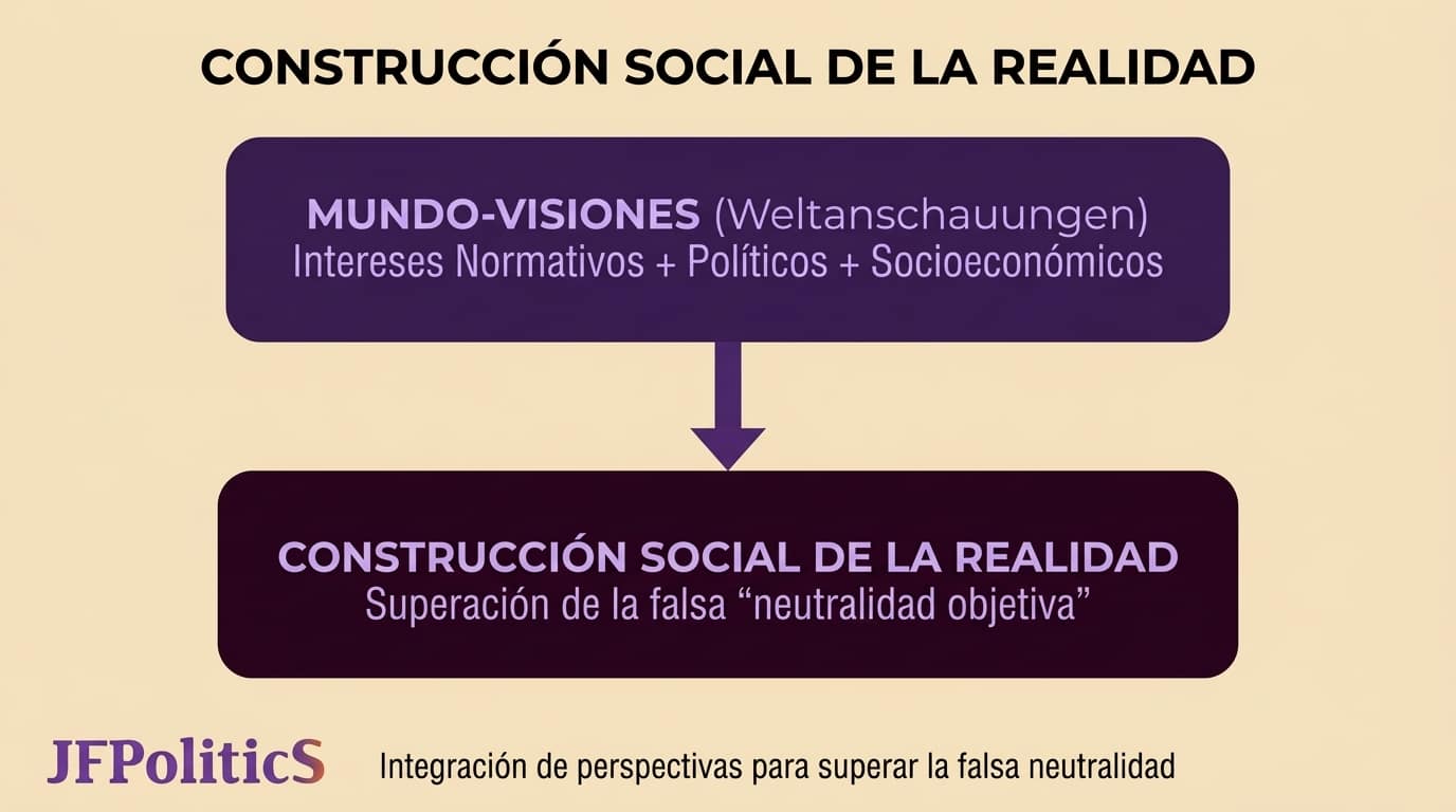 Esquema visual sobre cómo las Weltanschauungen e intereses sociopolíticos determinan la construcción social de la realidad. El gráfico muestra la conexión directa desde el Mundo-Visiones hacia la superación de la falsa neutralidad objetiva, con el logo de JFPolitiCS.